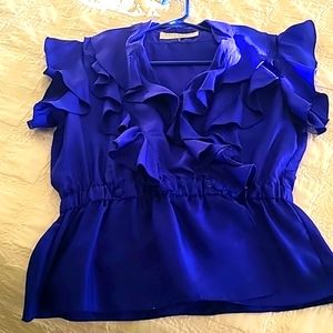 Trina Turk Silk Ruffle Blouse Top Cobalt Blue Medium M